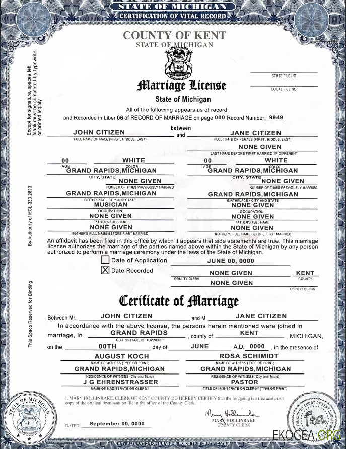 Modèle de certificat de mariage de l'État du Michigan Kent County aux États Unis au format PSD, entièrement modifiable, version 2
